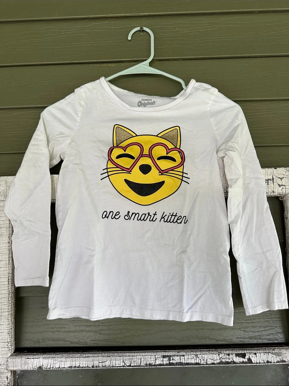 OshKosh B'gosh White Long-Sleeve Tee with Yellow Kitten and Pink Heart Glasses